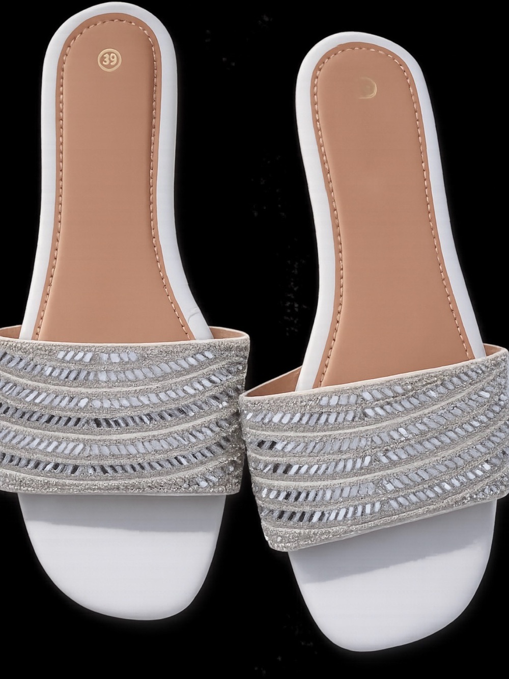 Women’s White Slide Mules with Silver Braided Strap